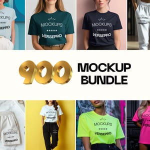 May include: A collection of t-shirts and shorts in various colors, including light blue, teal, navy, white, and neon green. Each garment features the text "MOCKUPS VERSEPRO". The image also displays the text "900 MOCKUP BUNDLE" in gold and black.
