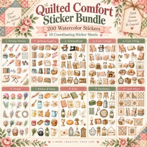 Quilted Comfort Digital Sticker Bundle, 200 Watercolor PNG Stickers, Sewing Quilting Faith Cottage Clipart, 10 Coordinating Sets