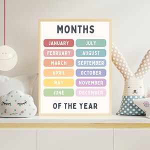 Months Of TheYear Poster KidsCalendar WallArt Vorschulmonate Druck Kleinkind Lernposter Skandinavisch Kinderzimmer Print NurserySchoolWall