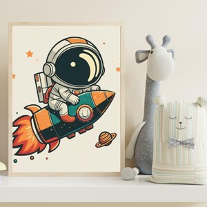 Lindo póster de astronauta con cohete para pared – Póster infantil con temática espacial – Imprimible para habitación infantil del espacio exterior – Decoración de galaxia con dibujos animados