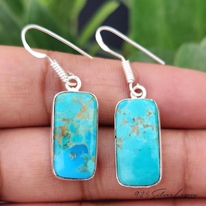 Genuine Kingman Turquoise Rectangle Dangle Earrings, 925 Sterling Silver Southwestern Boho Style