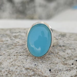 Aqua Chalcedony Ring, Silver Minimalist Ring, Birthstone Ring For Her, Oval Trend Ring, Aqua Gemstone Ring, Handmade Jewelry, Gift Idea...
