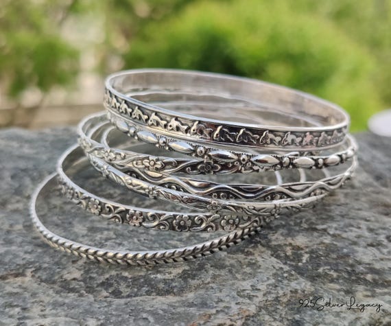Oxidized Sterling Silver Bangle Set: Handmade Floral Design, Set