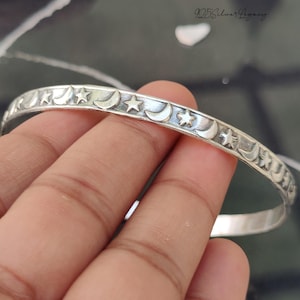 Handcrafted  Moon Star  Sterling Silver Bangle - Oxidized Design Gift For Her