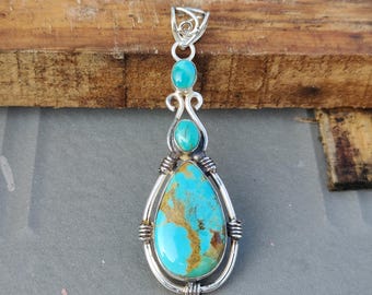 Kingman Turquoise Sterling Silver Pendant Necklace, Handmade