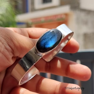 Blue Fire Labradorite Sterling Silver Bangle: Handmade Boho Jewelry