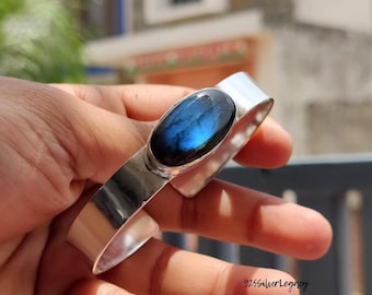 Natural Blue Fire Labradorite Bangle | Sterling Silver Bangle Bracelet | Designer Oval Bangle | Boho Stacking Bangle | Women Wedding Jewelry