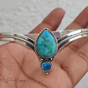 Handcrafted Kingman Turquoise Bangle, 925 Silver Blue Topaz Cuff Jewelry, Designer Gemstone Bracelet