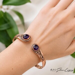 Handcrafted Genuine Amethyst Copper Cuff Bracelet, Round Purple Gemstone Two Stone Open Bangle, Southwestern Jewelry, Gift for Women's