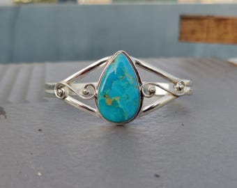Kingman Turquoise Sterling Silver Bangle - Handmade Gemstone Jewelry