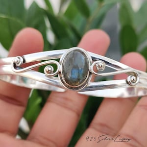 Natural Labradorite Oval Bangle, Handmade 925 Sterling Silver Bohemian Statement Jewelry