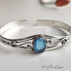Sterling Silver Blue Topaz Cuff Bracelet | Vintage Oval Gemstone Bangle (December Birthstone)