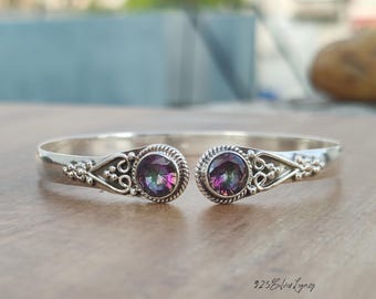 Mystic Topaz Gemstone Bangle, Sterling Silver Handmade Jewelry, Festival Boho Bracelet