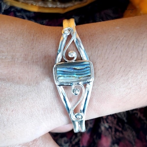 Handcrafted Abalone Shell Bangle: Sterling Silver Gemstone Bracelet