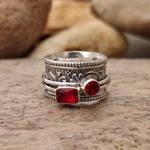 Red Garnet Spinner Ring | 925 Silver Band Ring | Birthstone Ring | Promise Gift Ring | Handmade Boho Spinner Ring | Wedding Gift For Her |