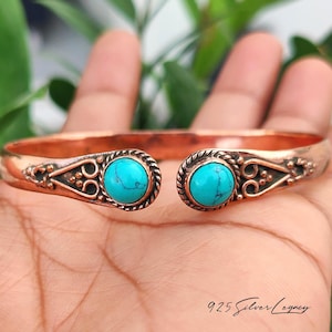 Blue Turquoise Pure Copper Cuff Bangle, Handcrafted Bohemian Two Stone Open Adjustable Wristband, Healing Copper Jewelry, Gift For Women's