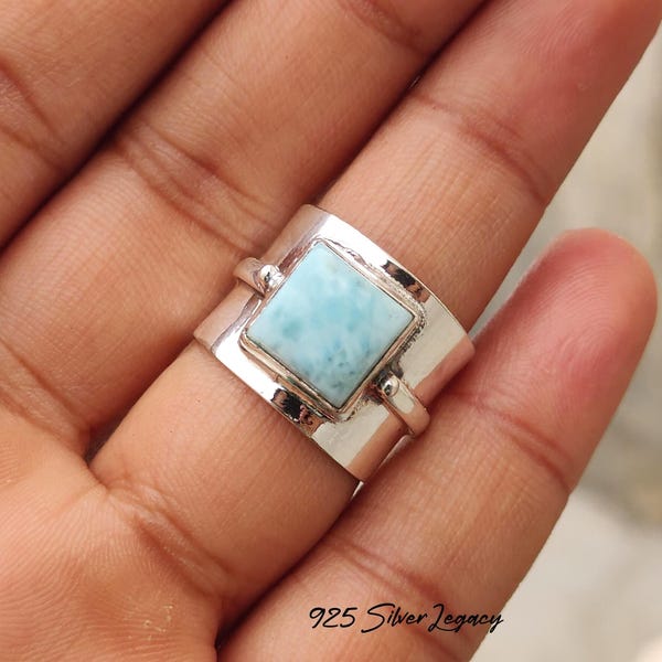 Larimar Ring: Sterling Silver Wide Band, Square Gemstone