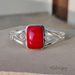 Handmade Red Coral Gemstone Bangle, Adjustable Cuff Bangle Bracelet, Valentine's Gift