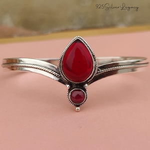 Natural Red Garnet Gemstone Bangle, Designer Silver Bangle Bracelet Jewelry, Silver Garnet Bangle, Adjustable Cuff Bangle, Handmade Bangle