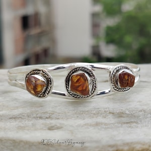 Raw Citrine Bangle: Handmade 925 Sterling Silver Triple Stone Bracelet