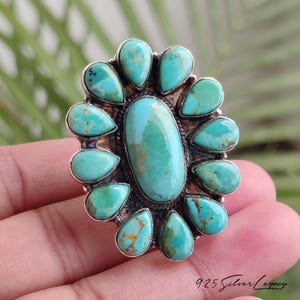 Genuine Kingman Turquoise Ring, 925 Sterling Silver Boho Flower Cluster Statement Jewelry