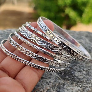 Oxidized Sterling Silver Bangle Set: Handmade Floral Design, Set of 7