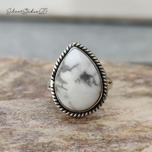 Handmade Teardrop Howlite Ring: Sterling Silver Statement Ring