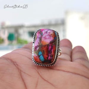 Pink Oyster Turquoise Ring | Handmade Boho Ring | Silver Gemstone Ring | Spiny Oyster Gift Ring | Wedding Ring Gift For Her | Promise Ring