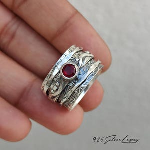 Garnet Spinner Ring Sterling Silver, Wide Band, 925 Artisan Jewelry