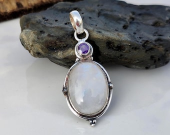 Handmade Moonstone & Amethyst 925 Silver Pendant, Boho Jewelry