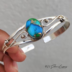 Oval Peacock Dahlia Turquoise Cuff Bangle, 925 Sterling Silver Statement Bracelet, Handmade Mosaic Gemstone Jewelry, Birthday Gift for Her