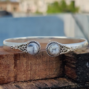 Dendritic Agate Bangle / Handmade Sterling Silver Bracelet / Round Gemstone Cuff Bangle / Boho Jewelry