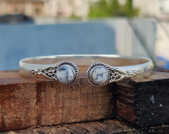 Dendritic Agate Bangle / Handmade Sterling Silver Bracelet / Round Gemstone Cuff Bangle / Boho Jewelry