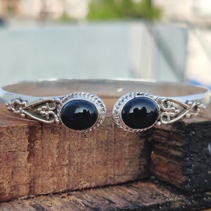 Handmade Silver Bangle: Black Onyx Gemstone Cuff Bracelet