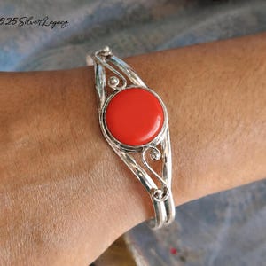 Handmade Red Coral Silver Cuff Bracelet, Boho Statement Bangle, Natural Gemstone Jewelry