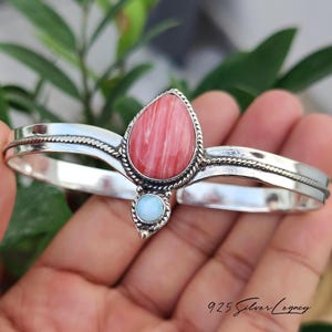 Pink Rhodochrosite Cuff Bangle, 925 Sterling Silver Boho Statement Crown Style Jewelry, Handcrafted Larimar Gemstone Bracelet, Gift for Her