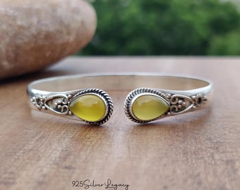 Handmade Yellow Agate Bangle: 925 Sterling Silver Statement Bracelet