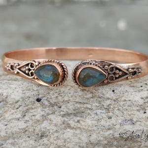 Blue Fire Labradorite Copper Bangle Bracelet: Boho Pear Stone Jewelry