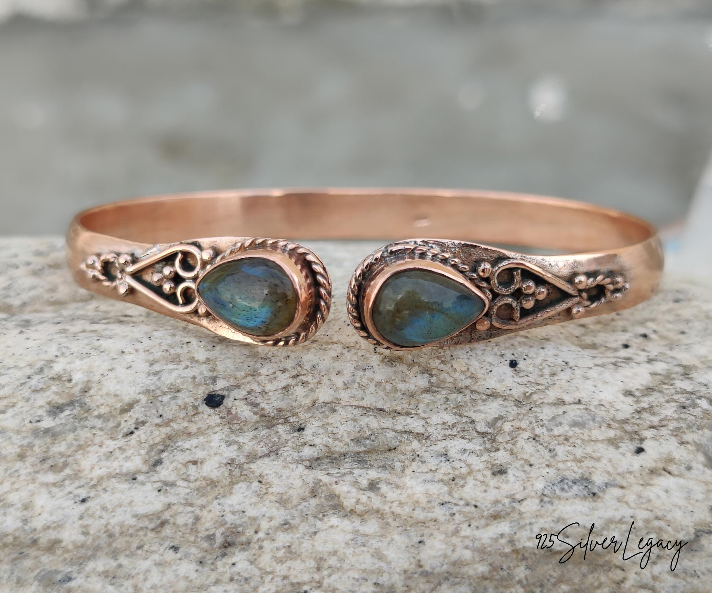 Blue Fire Labradorite Copper Bangle, Solid Copper Bangle Bracelet Jewelry, Boho Bangle, Pear Stone Bangle, Gift For Her, Copper Bracelet