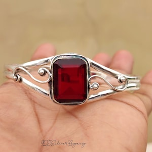 Handmade Red Garnet Silver Bangle Bracelet: Adjustable Cuff