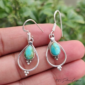 Kingman Turquoise Pear Drop Earrings, 925 Sterling Silver Dangle Jewelry