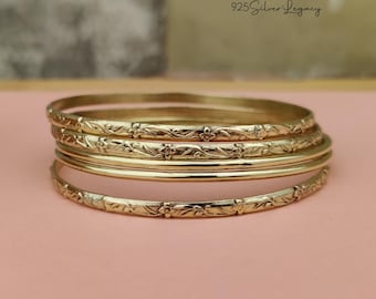Handmade Solid Brass Bangle Set: Boho Flower Design