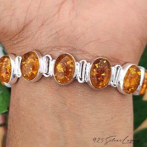 Handmade Amber Oval Link Bracelet, 925 Sterling Silver Statement Bangle, Natural Bohemian Crystal Healing Unisex Jewelry, Gift for Her