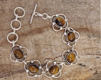 Tiger Eye Gemstone Sterling Silver Bracelet - Handmade Adjustable Design