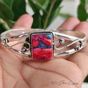 Pink Spiny Oyster Turquoise Boho Bangle, Sterling Silver Rectangle Stone Cuff Bracelet, December Birthstone
