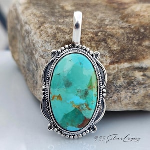 Genuine Kingman Arizona Turquoise Pendant, 925 Sterling Silver Twisted Rope Beaded Border Bezel Necklace, Statement Piece, Gift For Her