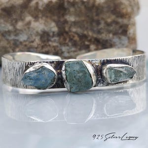 Raw Aquamarine Cuff Bangle, 925 Sterling Silver Heavy Wide Statement Wristband, Three Stone Rough Gemstone Boho Jewelry, Gift for Her