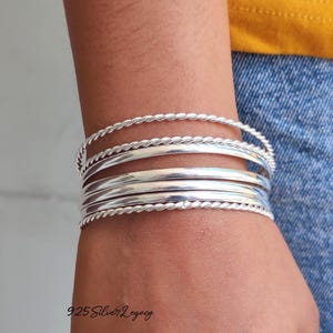 Handmade Sterling Silver Bangle Set: Twisted Boho Stacking Bangles
