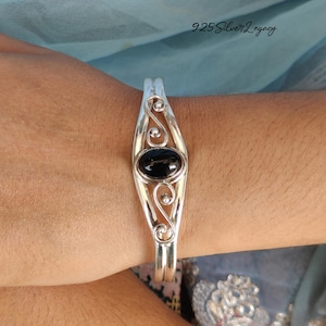 Handmade Black Onyx Sterling Silver Bangle Bracelet - Adjustable Gemstone Jewelry