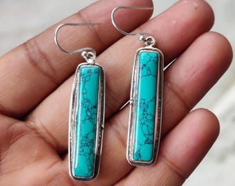 Turquoise Gemstone  Earrings/  925 Silver Handcrafted Rectangle Gemstone Earrings/  Dangle & Drop Earrings/  Women Birthday Gift Idea VD 234